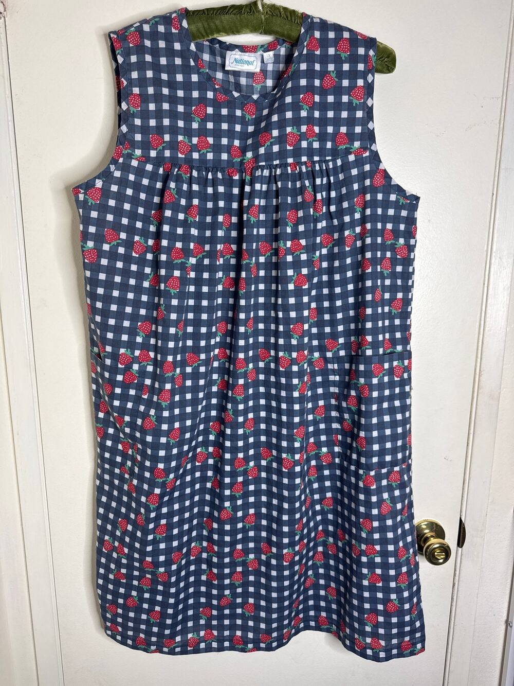 VTG National Gingham Check Raspberry Print Sleeveless House/Sun Dress Muumu 1x